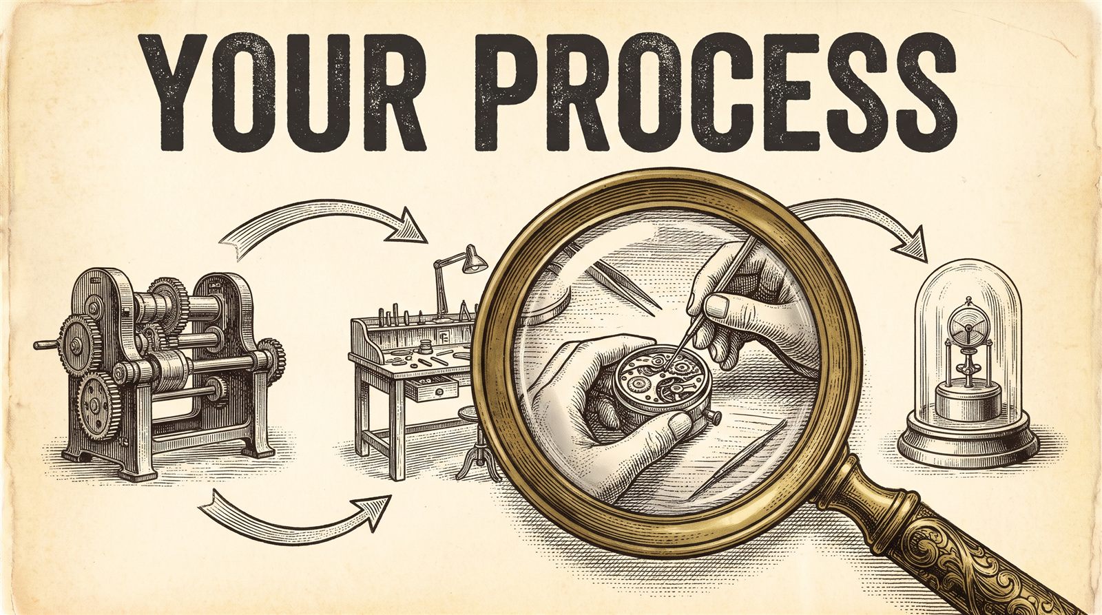 Vintage engraving of a three-station workshop process with a magnifying glass over the middle step, titled YOUR PROCESS