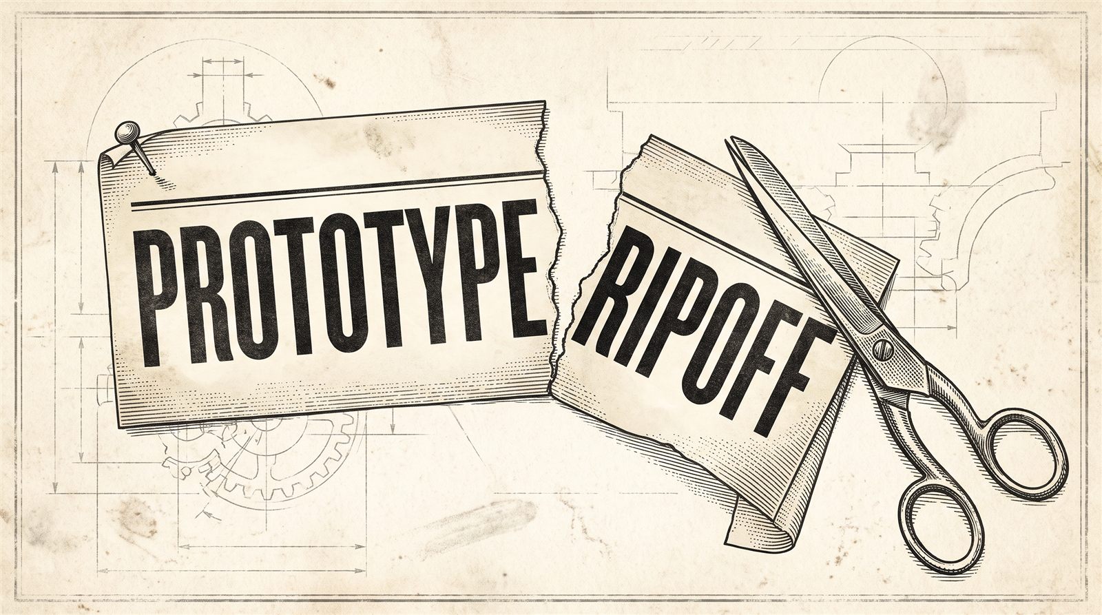 Vintage engraving of a newspaper clipping torn in two: PROTOTYPE pinned in place, RIPOFF falling away beside a pair of scissors