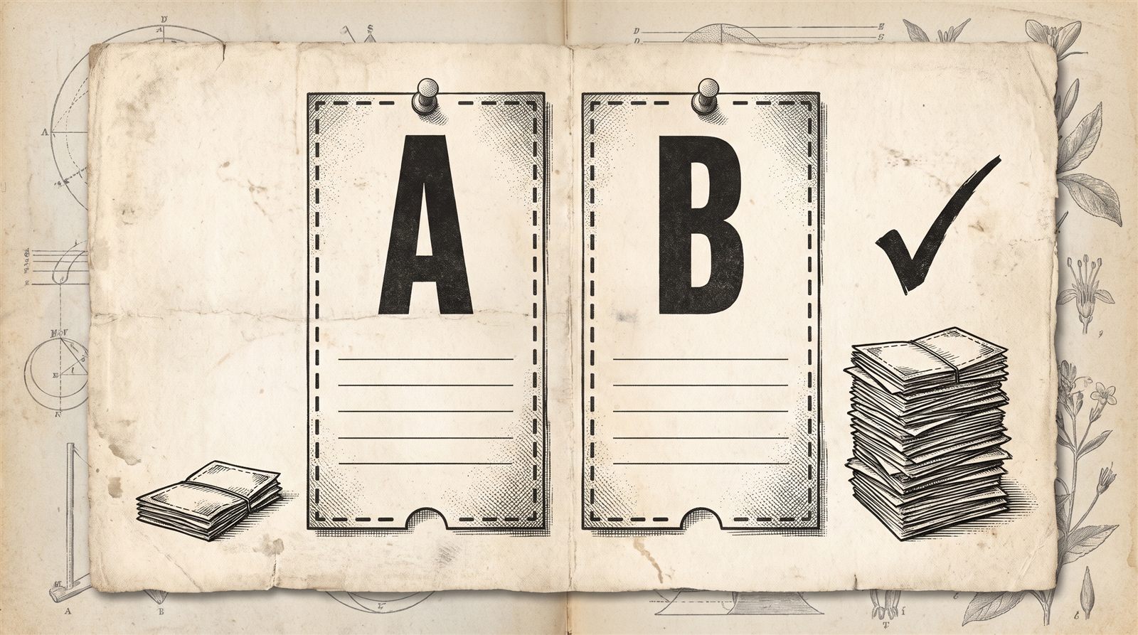 Vintage engraving of two newspaper coupons marked A and B, with a check mark and a tall stack of returned coupons beside B