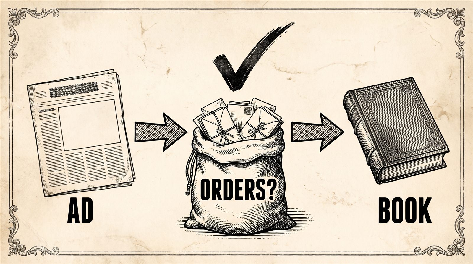 Vintage engraving: a newspaper ad, an arrow to a mail sack of orders marked ORDERS? with a check mark, then an arrow to a book