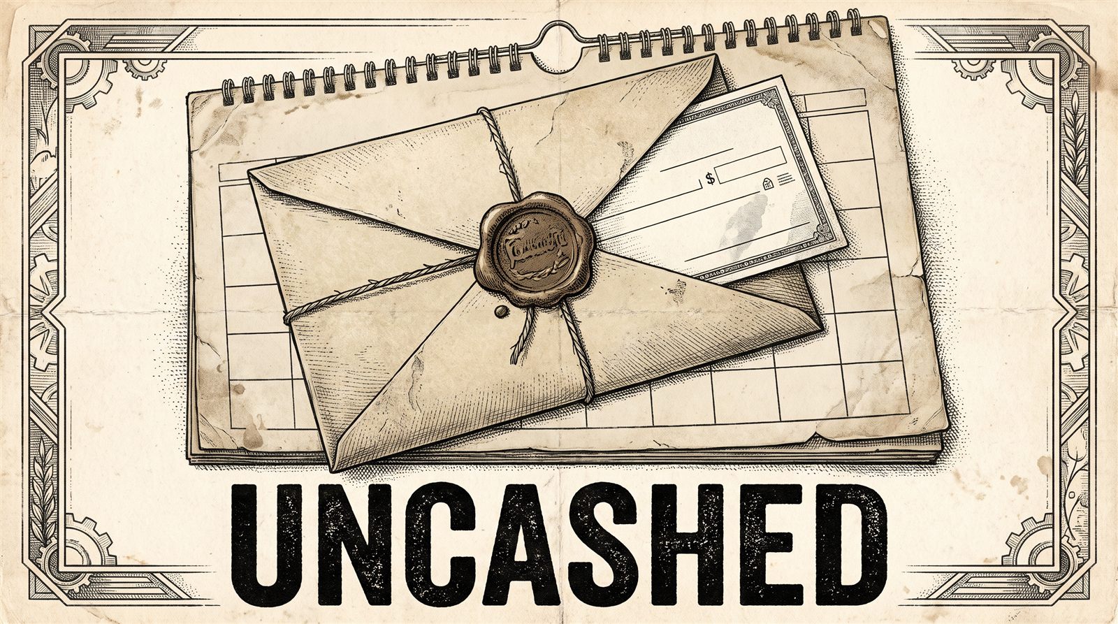 Vintage engraving of a sealed envelope holding a check, tied with string on a calendar page, titled UNCASHED