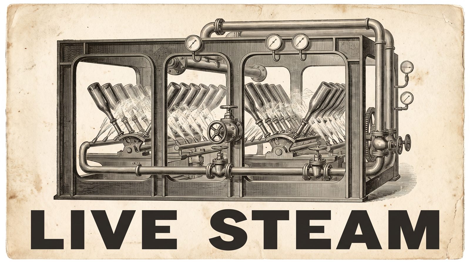 Vintage engraving of an old brewery bottle-washing machine blasting live steam into rows of upturned bottles, captioned LIVE STEAM
