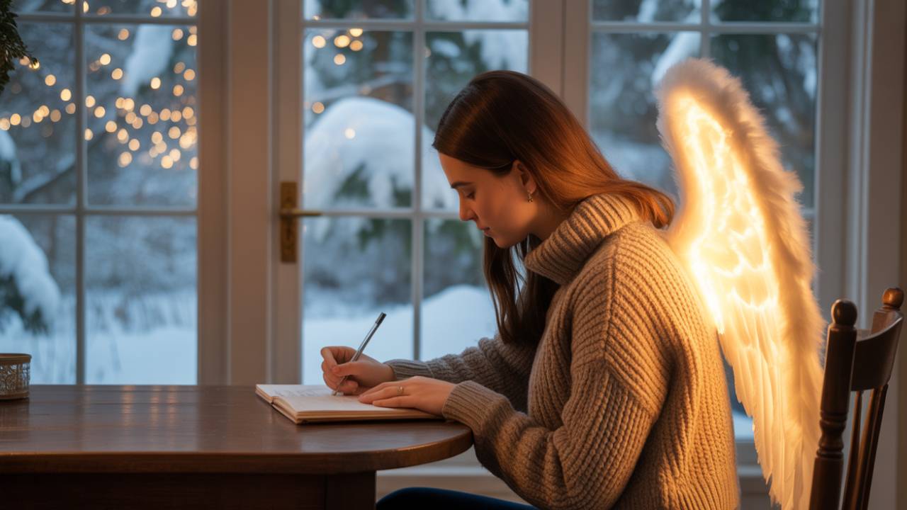 Woman journaling in winter with gentle angelic guidance, symbolizing reflection, release, and a calm January reset.