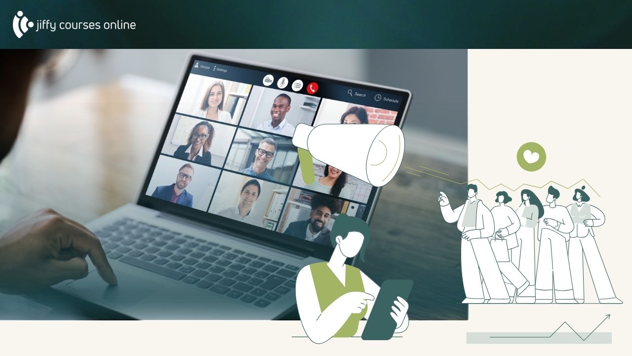 Laptop screen displaying a virtual group video call alongside illustrated figures holding a megaphone and mobile device, representing the balance between structured online courses and community interaction in digital education.