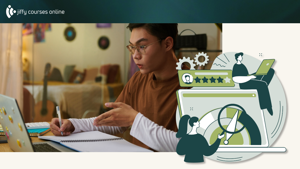 A student taking notes while working on a laptop, combined with illustrations of progress indicators and system elements, illustrating how clear structure and visible direction help students feel focused and supported early in a course.