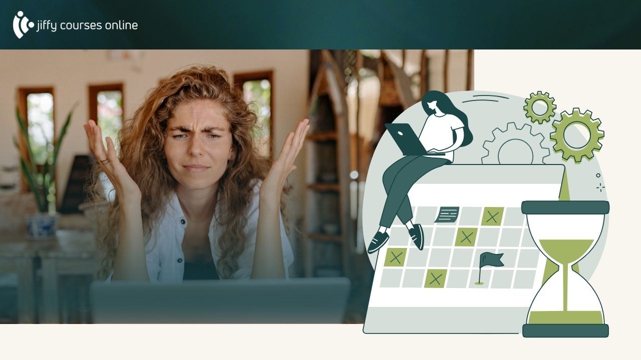 Course creator looking confused at a laptop while marketing and planning icons appear beside her, illustrating the challenge many online educators face when trying to sell their courses and create ethical urgency without using high-pressure tactics.