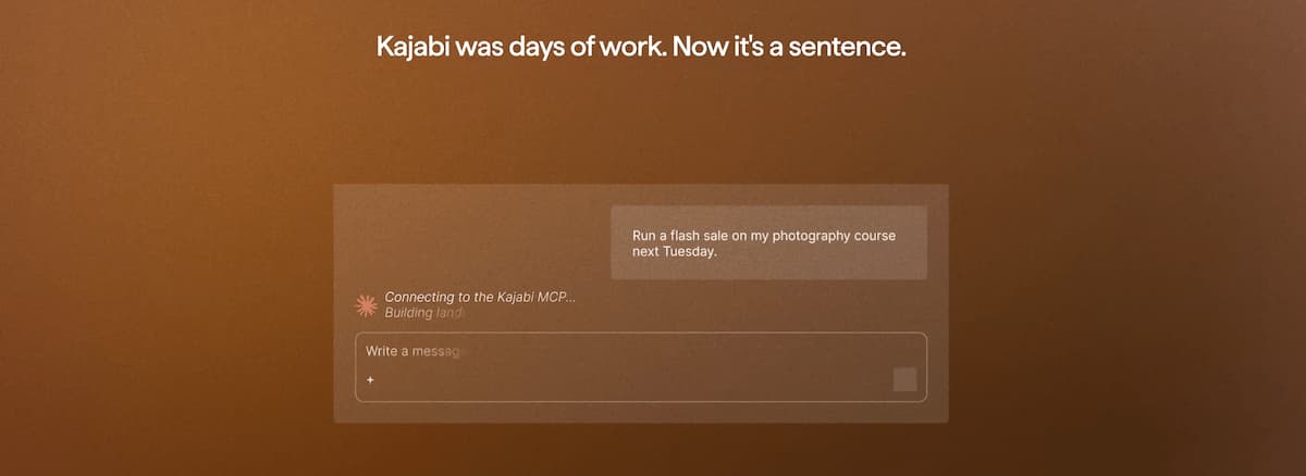 Screenshot of an AI chat window showing a quoted Kajabi MCP prompt being run