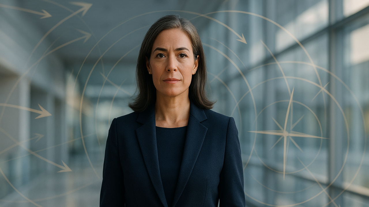 A professional woman standing calmly in a modern architectural space, surrounded by subtle directional elements symbolizing decision fatigue and cognitive load in leadership.