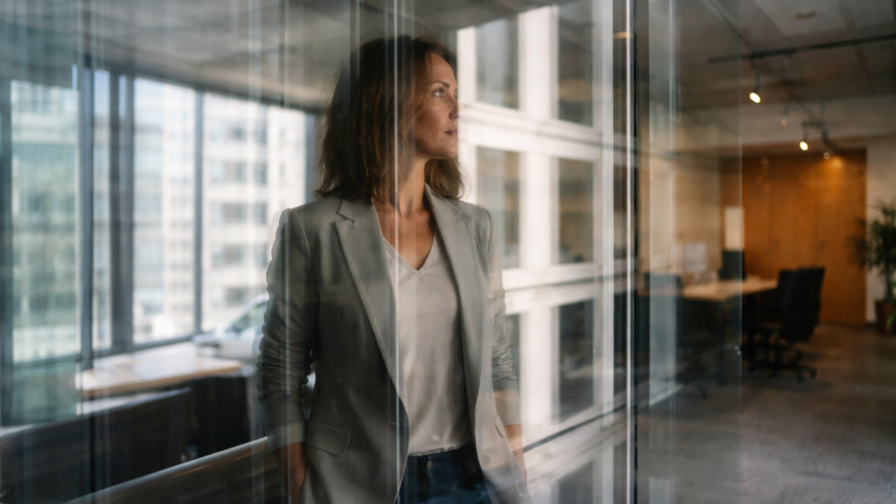 Professional woman in a modern office seen through layered glass, reflecting executive presence and the internal self-management and cognitive load often carried by senior leaders.