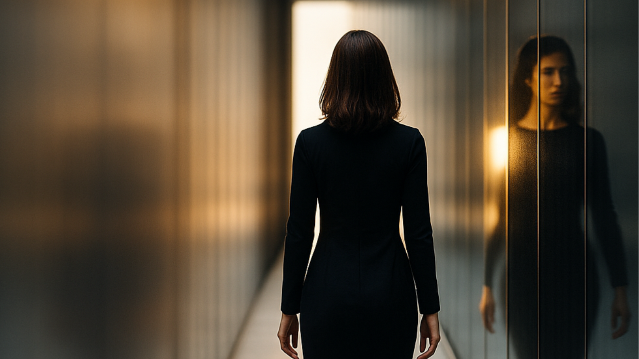 Professional woman in business suit walking down corporate hallway toward important salary negotiation meeting
