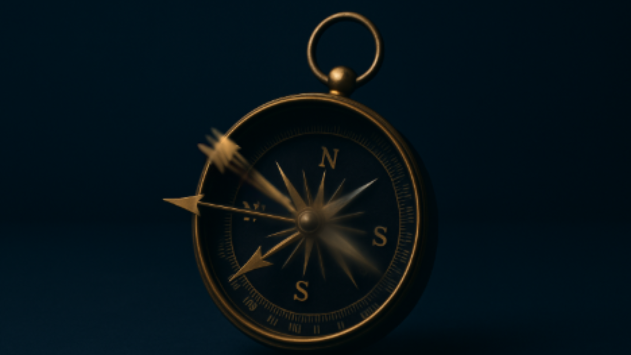 Vintage brass compass with multiple needles pointing in different directions against dark background. The conflicting needles are symbolizing poor navigation.
