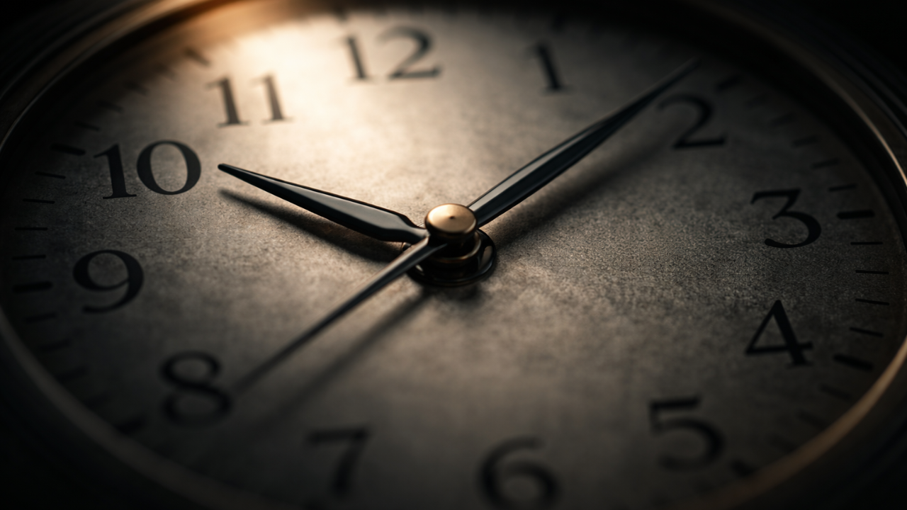 A worn analog clock with frozen hands illuminated by a single beam of warm light against a dark background, representing the suspended moment a senior woman in finance or fintech finally stops running long enough to hear herself again.
