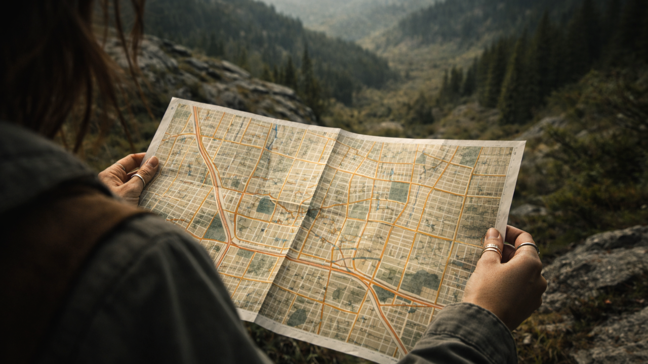 A woman holds an urban city map while facing unmarked wilderness, symbolizing the gap between traditional mentorship advice and the real career terrain senior women navigate.