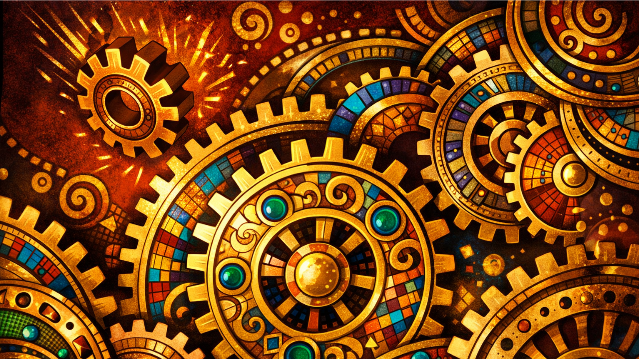 Ornate golden gears with jewel mosaic inlays, one gear breaking free with a burst of light, representing the mastery trap and women leaders navigating job security in 2026.