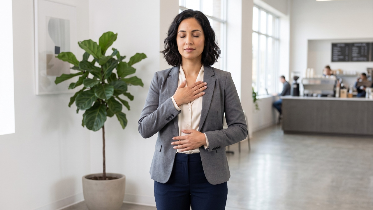 A professional portrait of a woman, practicing the somatic anchor pose. She stands in a modern, sunlit office, wearing a dark navy blazer, with hands gently placed over her heart and belly. Her expression is calm and grounded, demonstrating somatic shadow work in practice.