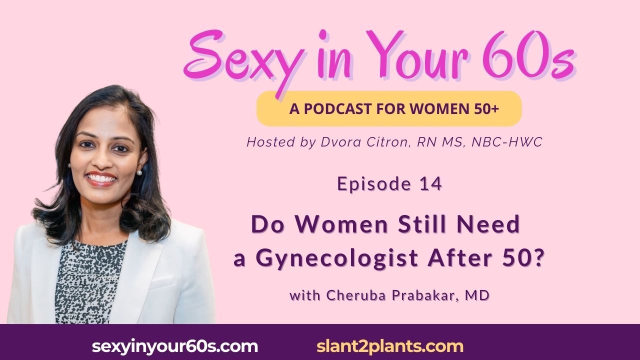 Podcast episode banner with brownhaired doctor and white lab jacket on pink background