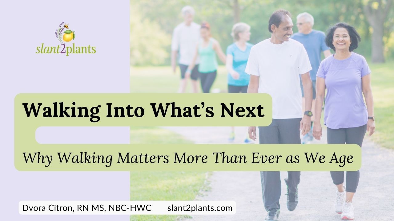 A multi-ethnic group of seniors walking on a trail surrounding by grass wearing athletic clothes.