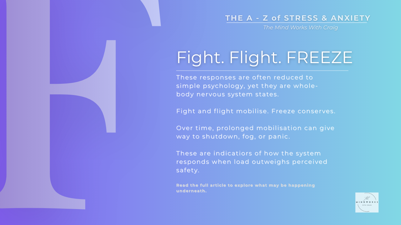 Graphic for The A–Z of Stress & Anxiety featuring the letter F and the theme Fight, Flight and Freeze on a calm blue gradient background.