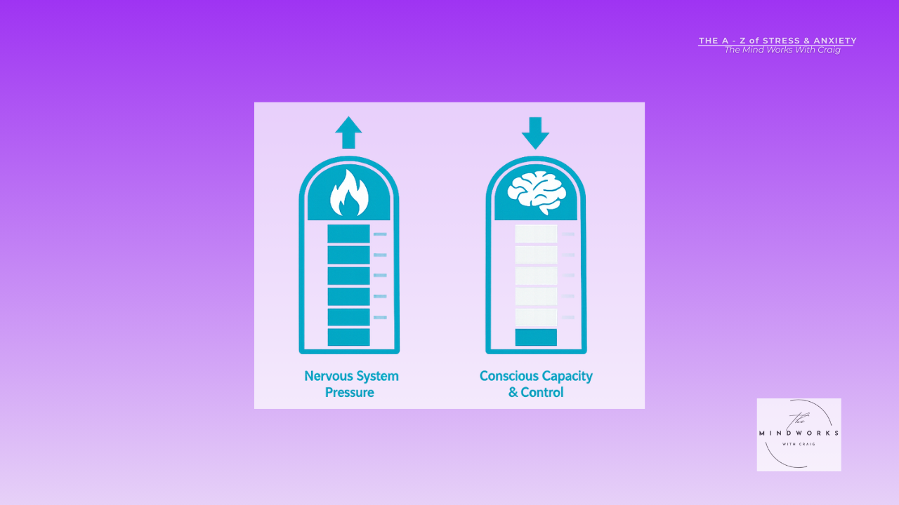 Infographic showing the relationship between nervous system pressure and conscious capacity and control, illustrating how increasing pressure reduces mental capacity and influences behaviour.
