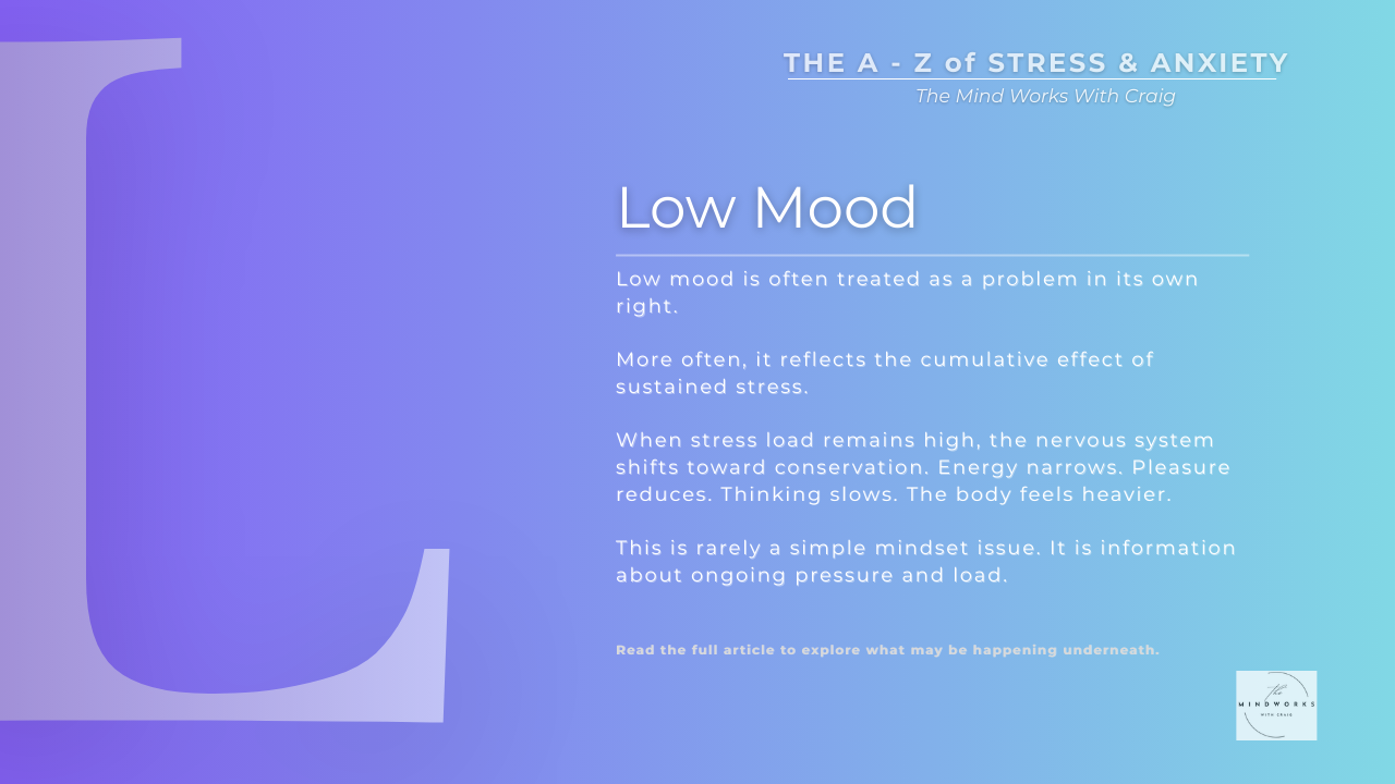 Graphic for The A–Z of Stress & Anxiety featuring the letter L and the theme Low Mood on a calm blue gradient background.