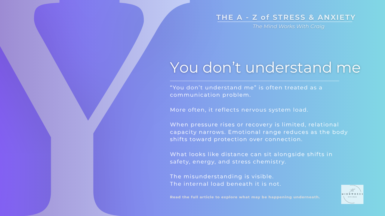 Graphic for The A–Z of Stress & Anxiety featuring the letter Y and the theme “You Don’t Understand Me” on a calm blue background.
