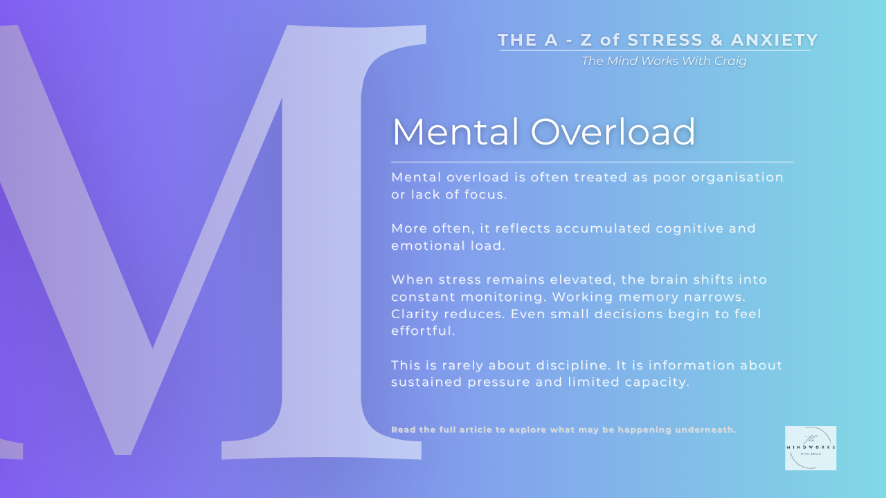 Graphic for The A–Z of Stress & Anxiety featuring the letter M and the theme Mental Overload on a calm blue gradient background.