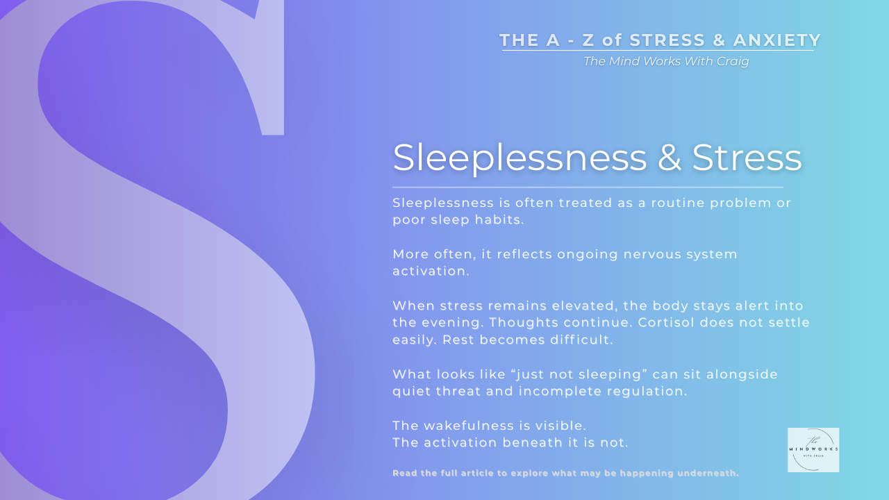Graphic for The A–Z of Stress & Anxiety featuring the letter S and the theme Sleeplessness and Stress on a calm blue gradient background.