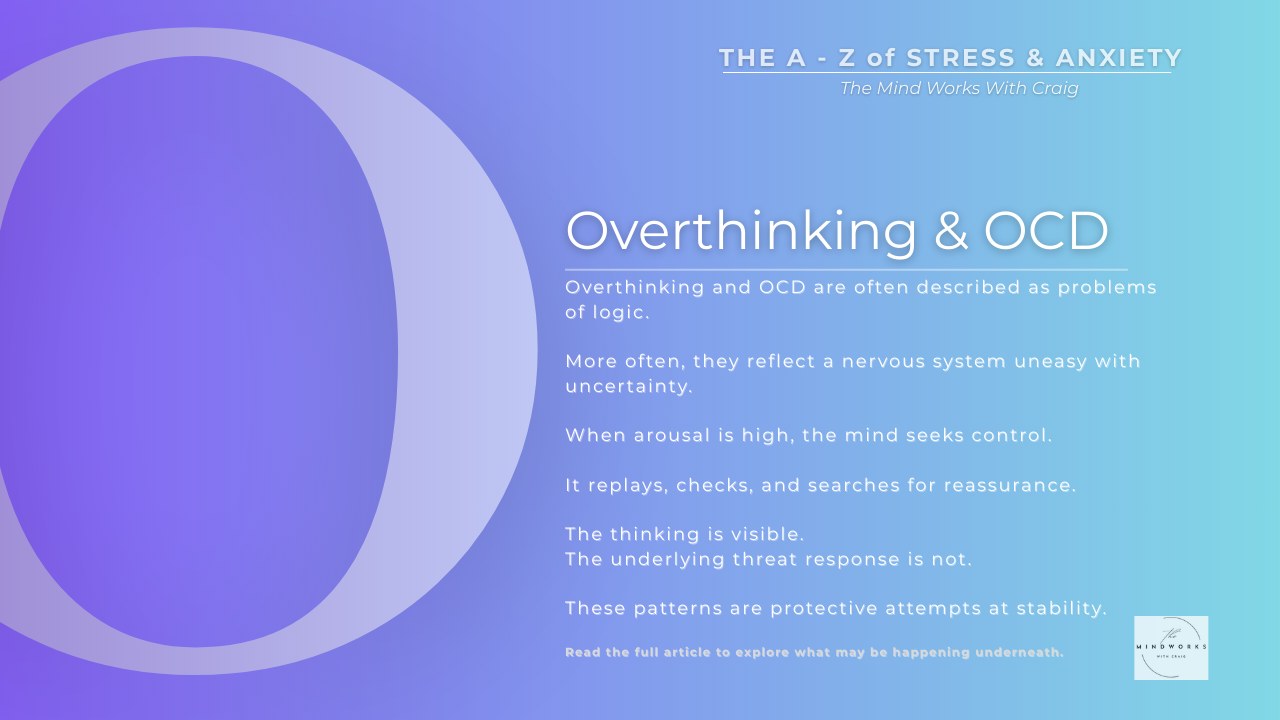 Graphic for The A–Z of Stress & Anxiety featuring the letter O and the theme Overthinking and OCD on a calm blue gradient background.
