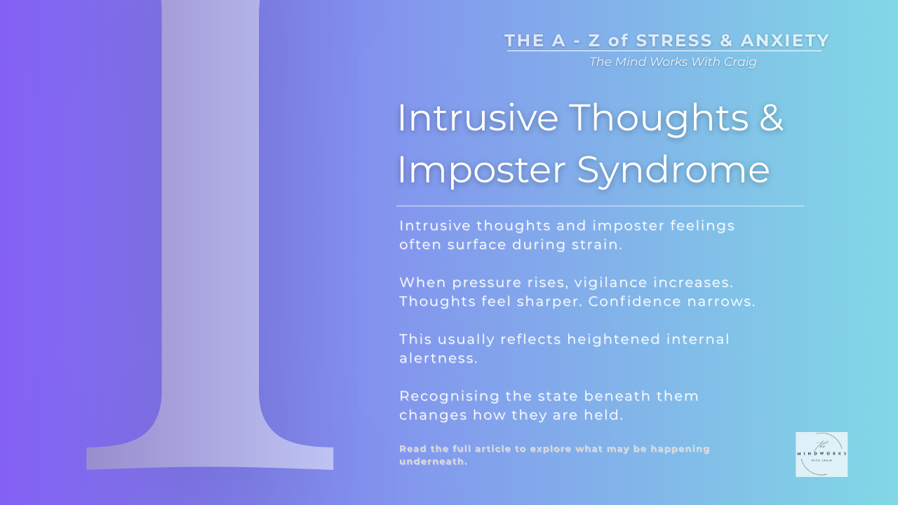 Graphic for The A–Z of Stress & Anxiety featuring the letter I and the theme Intrusive Thoughts and Imposter Syndrome on a calm blue gradient background.