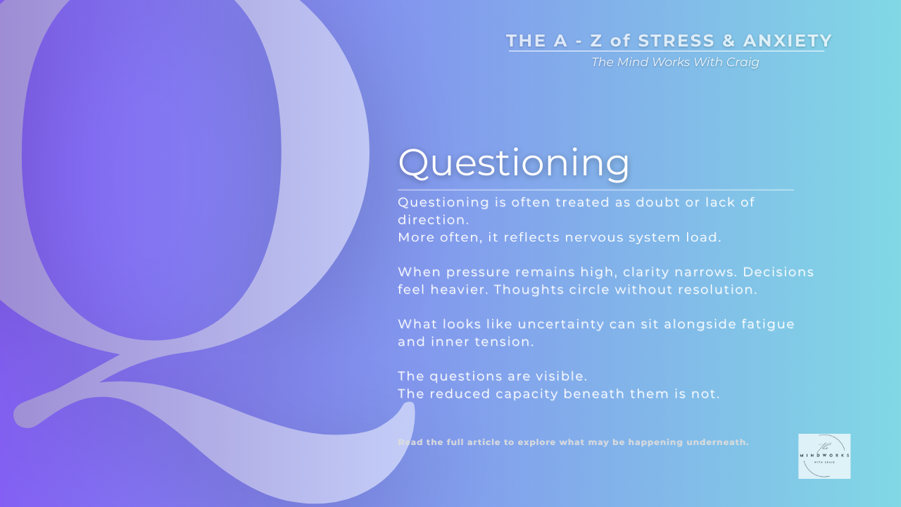 Graphic for The A–Z of Stress & Anxiety featuring the letter Q and the theme Questioning on a calm blue gradient background.