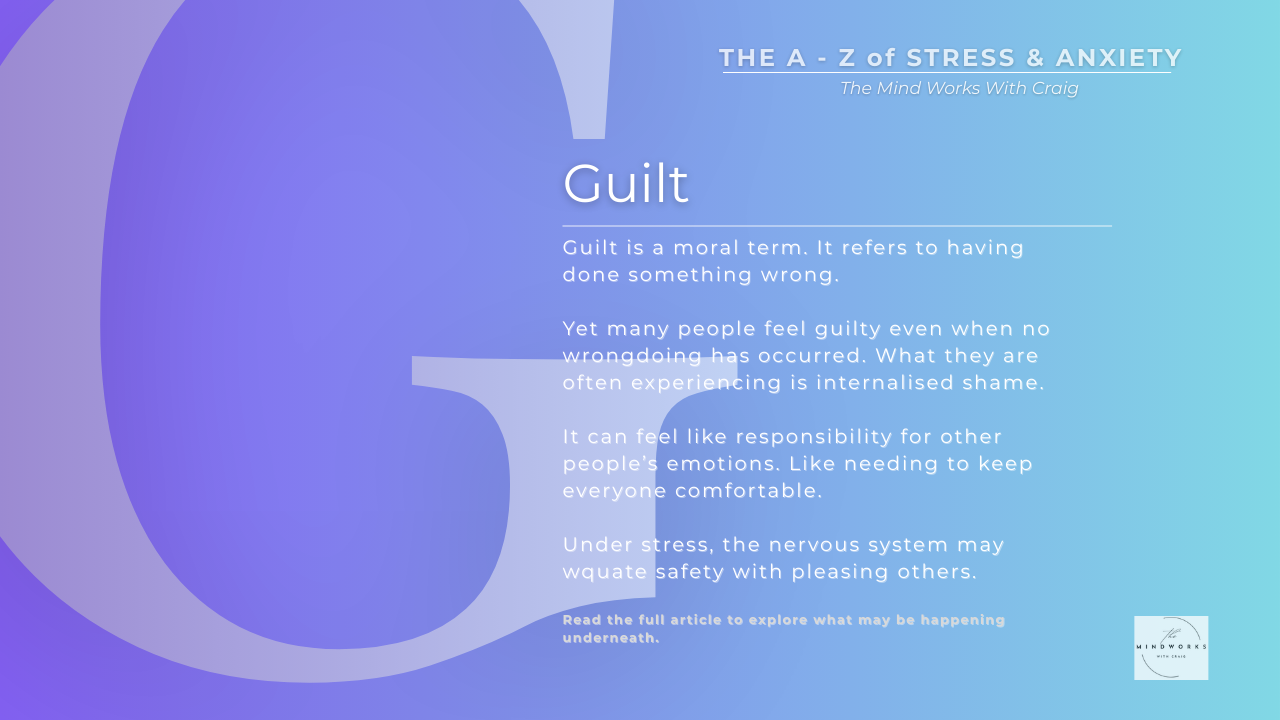 Graphic for The A–Z of Stress & Anxiety featuring the letter G and the theme Guilt on a calm blue gradient background.