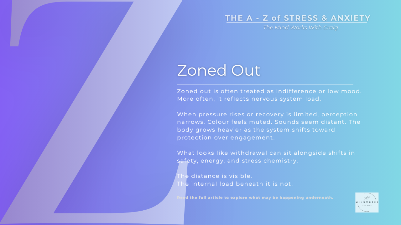 Graphic for The A–Z of Stress & Anxiety featuring the letter Z and the theme Zoned Out on a muted blue background with soft, calm typography.