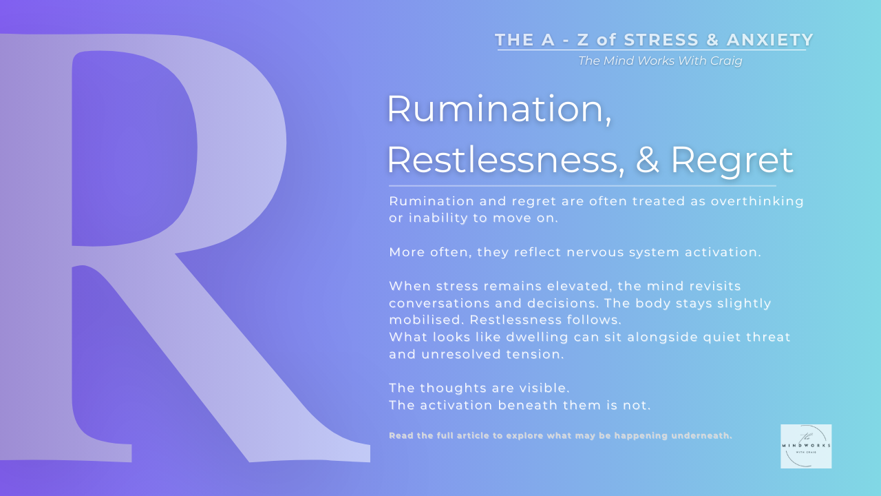 Graphic for The A–Z of Stress & Anxiety featuring the letter R and the theme Rumination, Restlessness, and Regret on a calm blue gradient background.