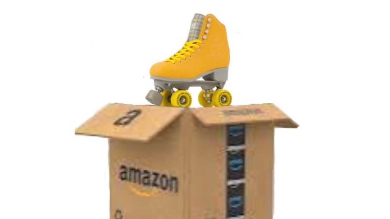 Amazon roller skates: Amazon ope box with a yellow Roller skate placed on top