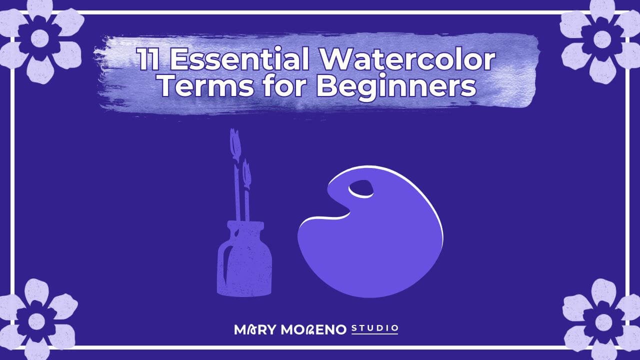 Branded color background with palette and brush icons, titled "11 Essential Watercolor Terms for Beginners."