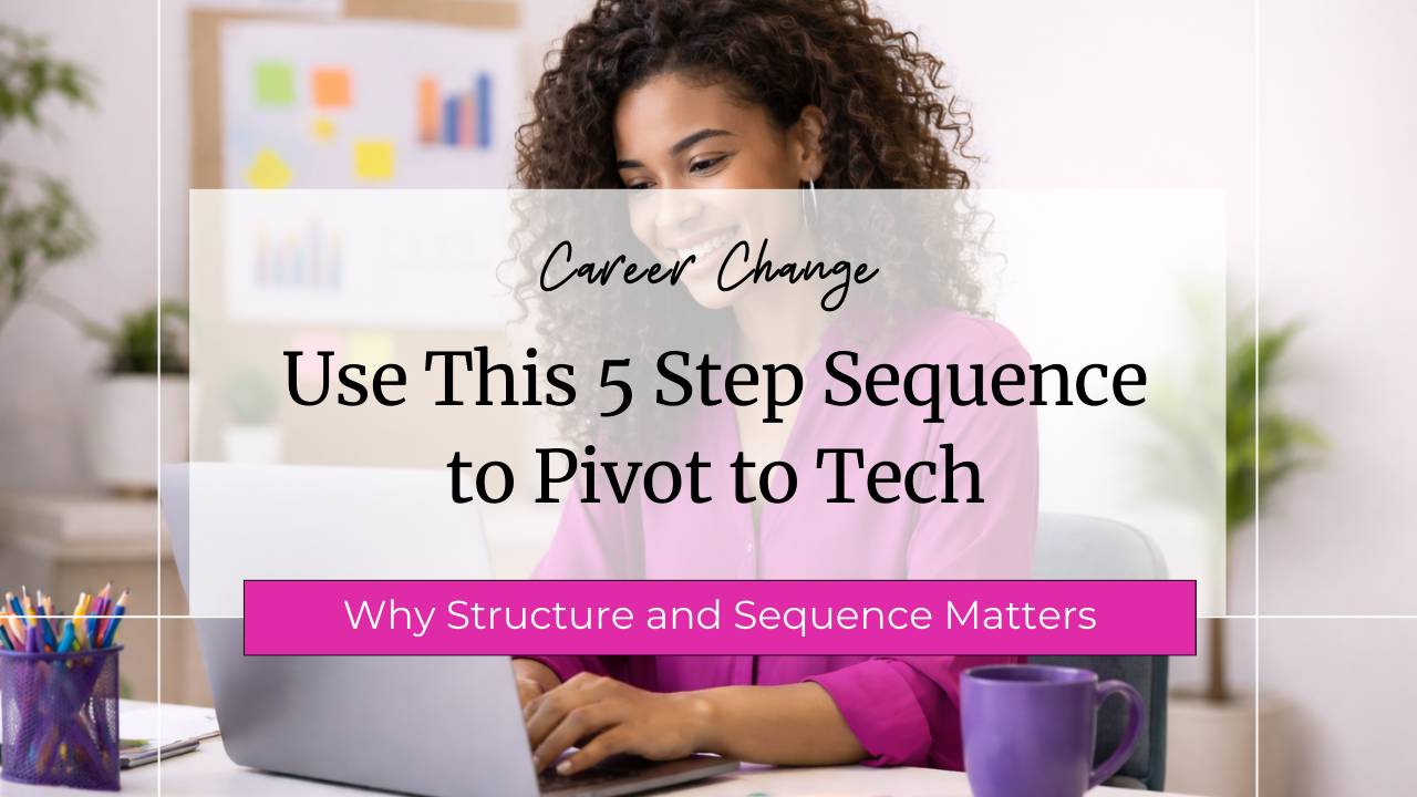 African-American woman wearing a pink blouse and smiling while workin on her career change strategy at desk with open laptop.