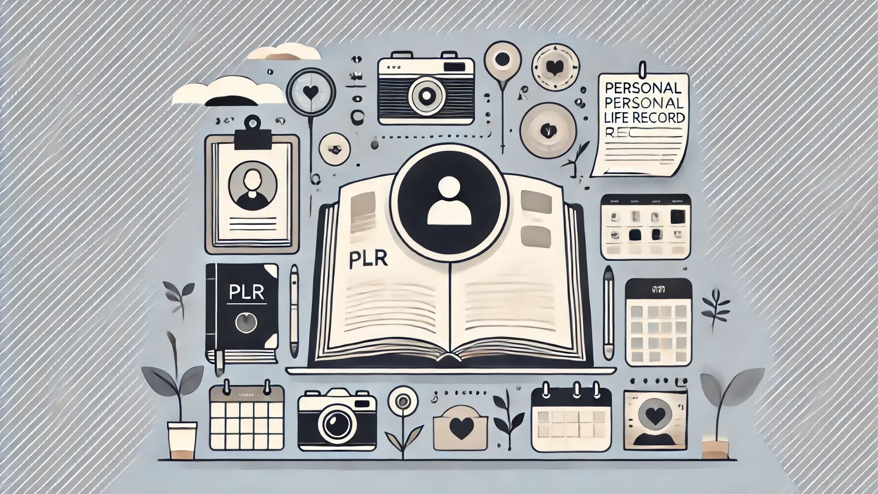 Horizontal illustration featuring elements of the Personal Life Record system, including an open book, camera, calendar, and minimalist design in neutral tones