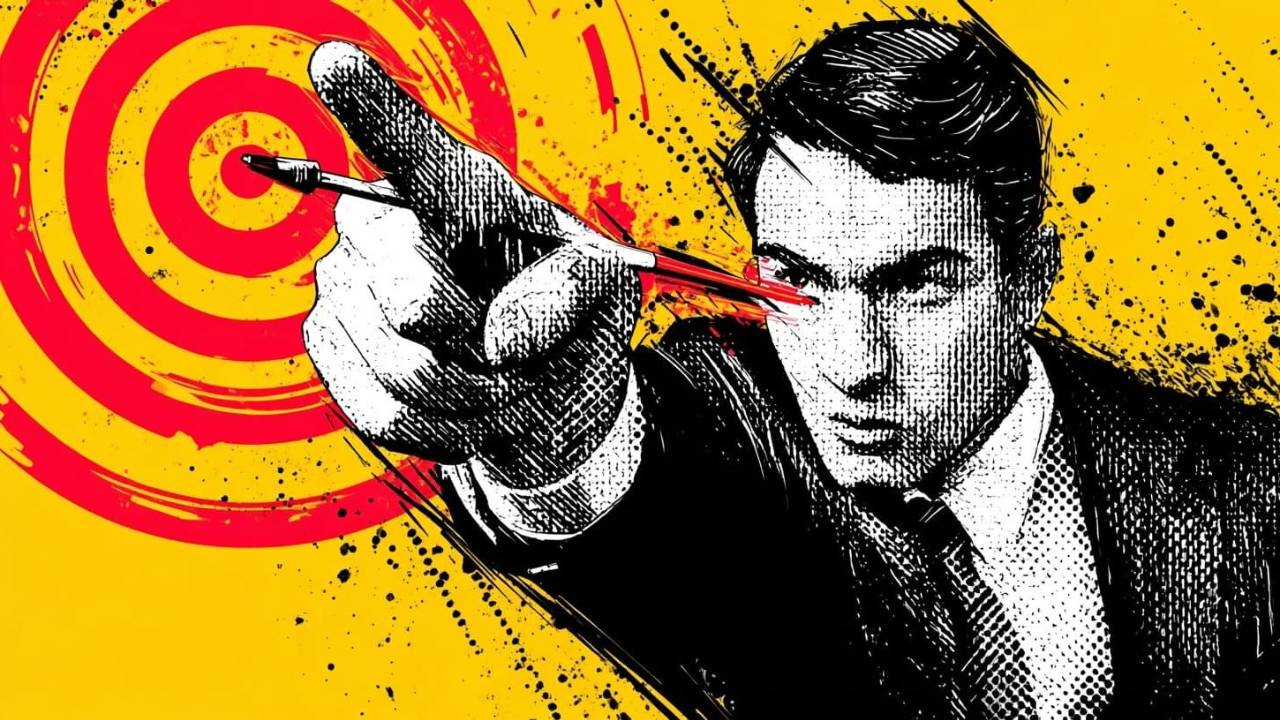 A business professional pointing with a bullseye target behind him with an arrow is going through