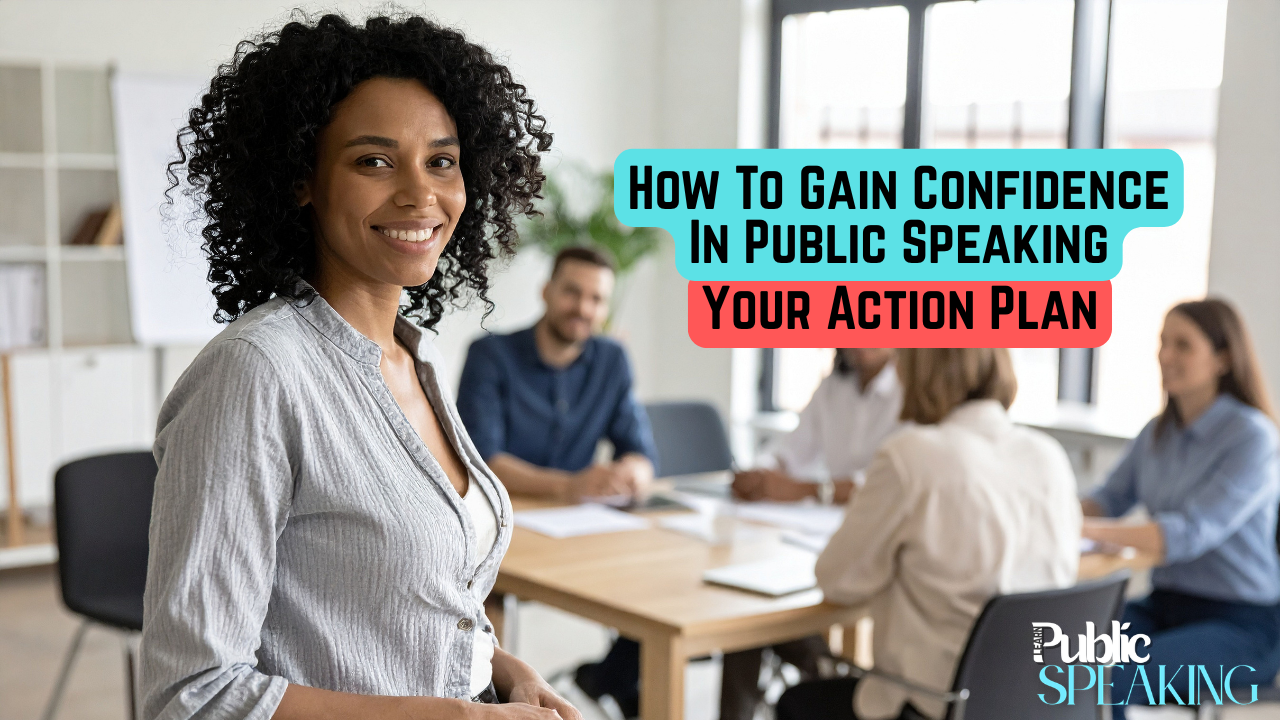 a woman looks at the camera feeling confidence before stepping into a high pressure work meeting. The text reads "how to grow your confidence in public speaking, your action plan"