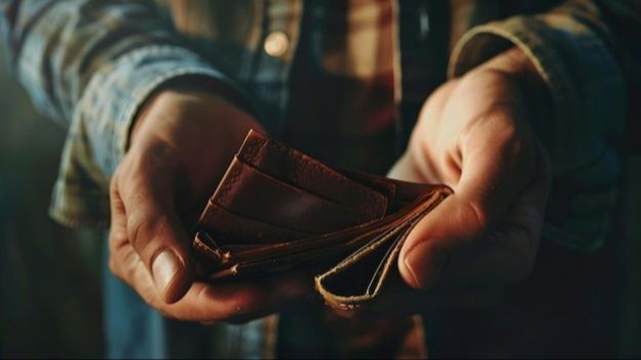 A man with empty pockets a symbolizing the pain of being broke, living paycheck to paycheck, and the struggle to save money despite being smart.