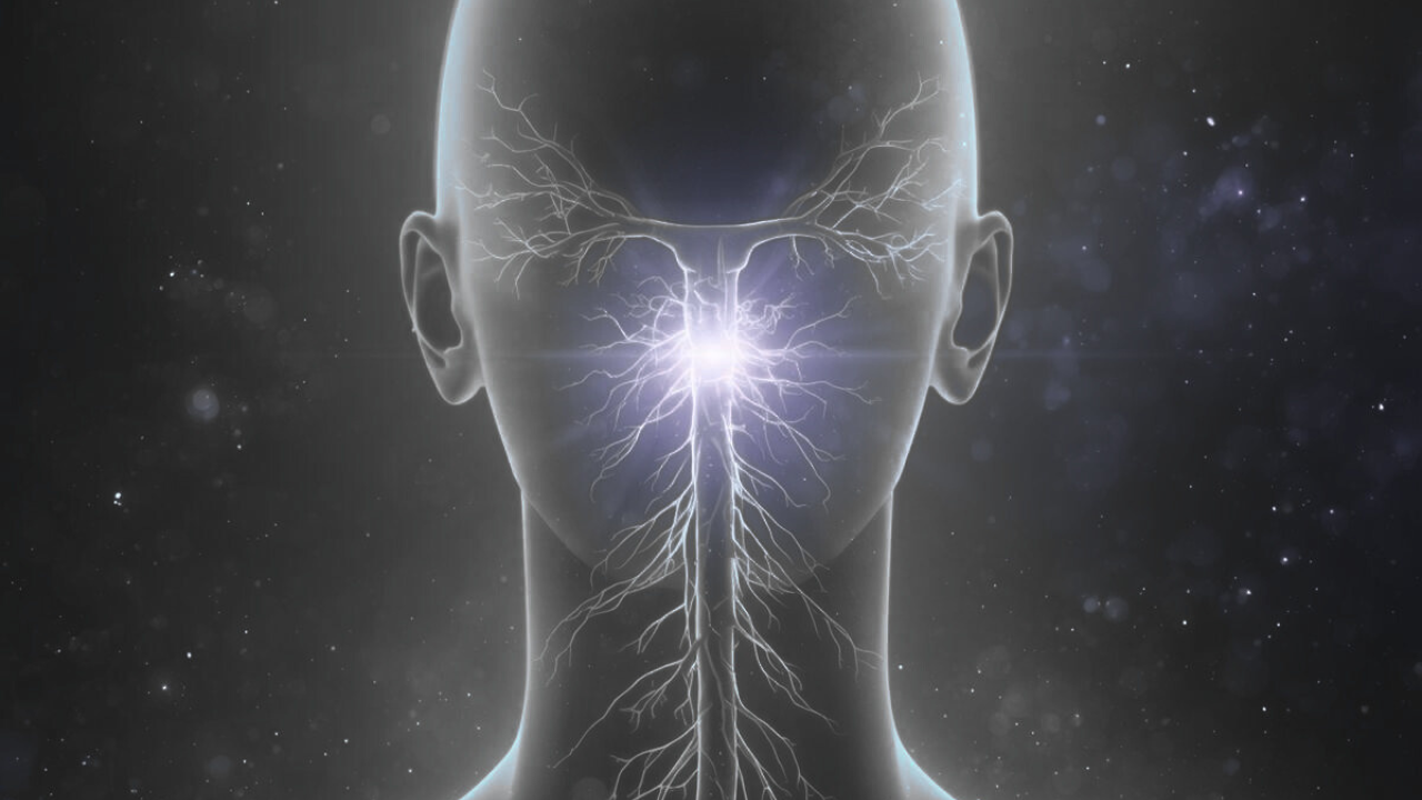 Luminous anatomical-style image of the head and neck with highlighted nerve branches, representing vagus nerve activation through breath and humming.