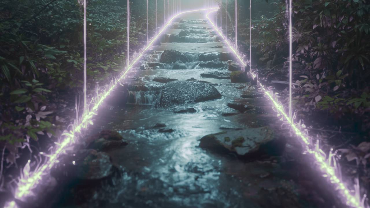 A forest stream lined with glowing purple energy forms a pathway forward, representing the energetic shift that happens when you begin healing inside a long-term relationship.