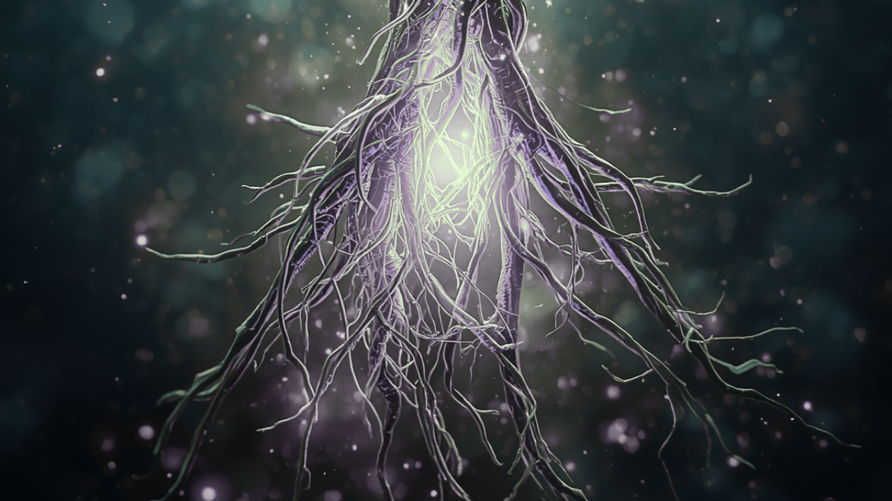 A dense tangle of purple and grey cord-like roots extends outward from a glowing center against a dark, bokeh-lit background, evoking the energetic threads that keep us connected to people and patterns long after they've left our lives.