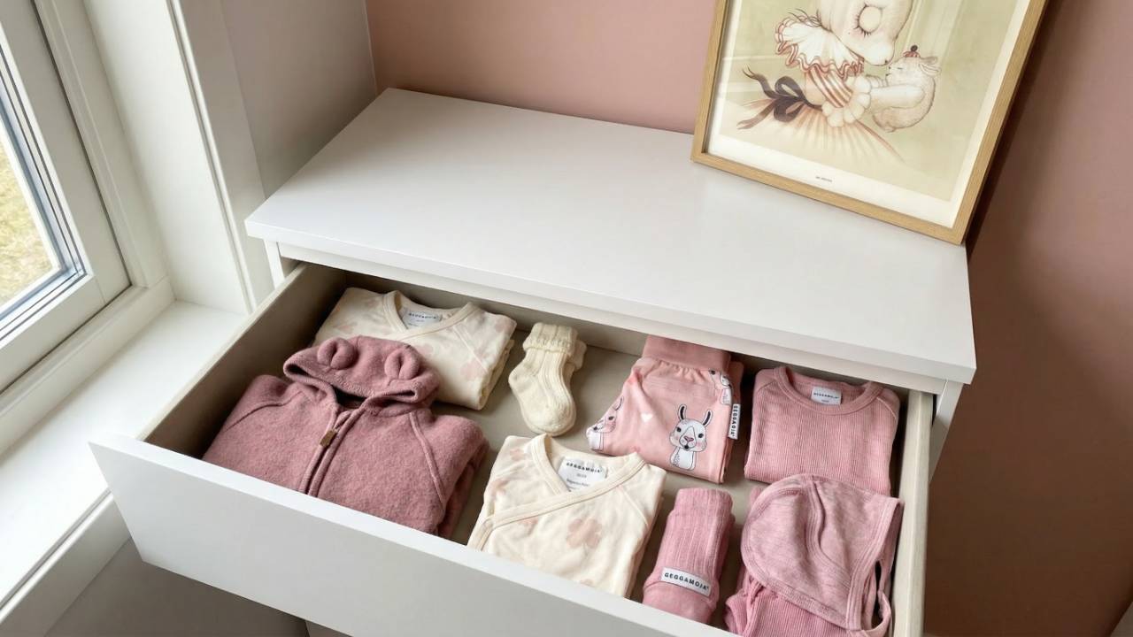 Maminka skládá oblečení pro miminko v ložnici před přípravou výbavičky