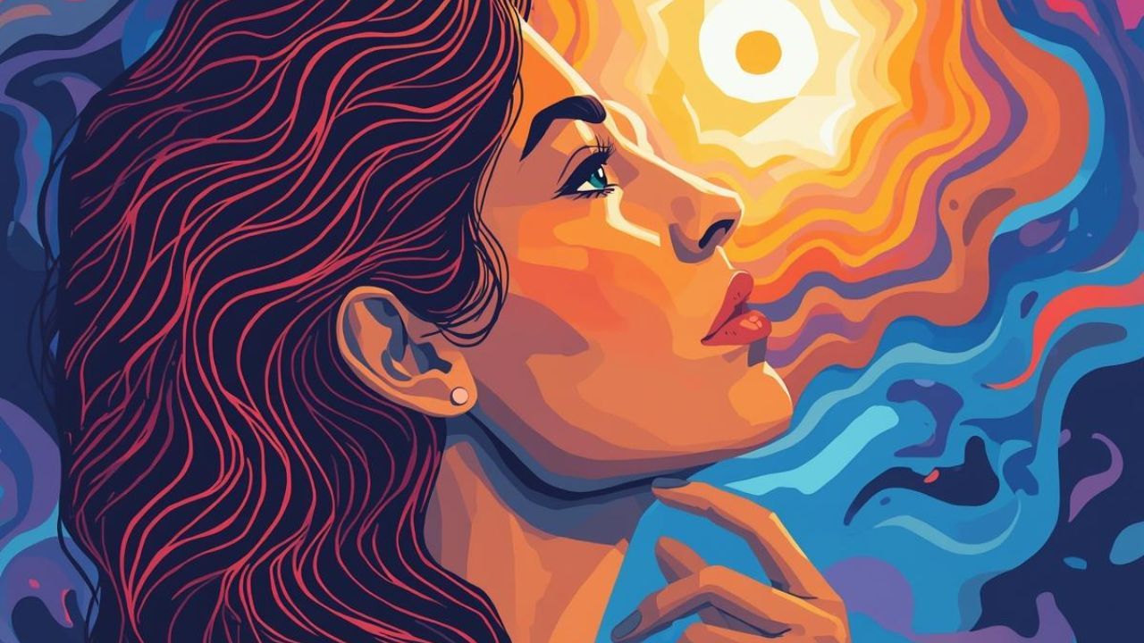 woman looking thoughtful with sunburst