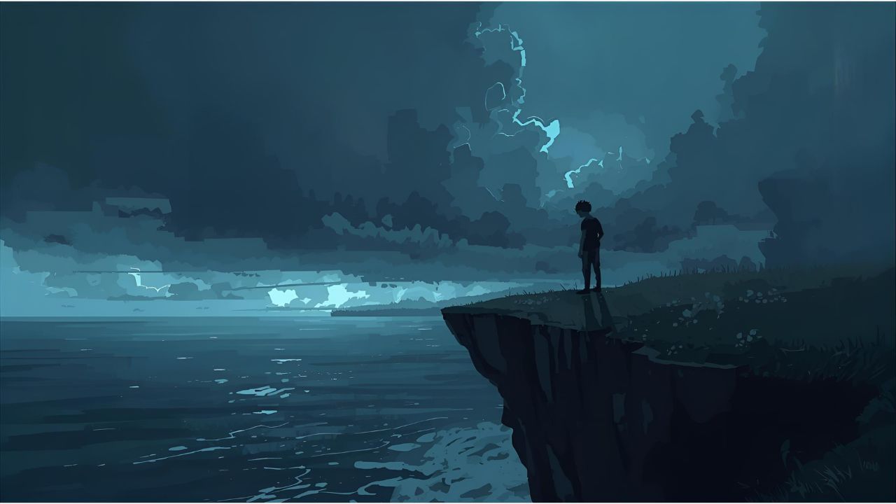 boy standing on a cliff under gloomy sky