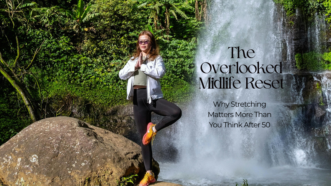 woman doing yoga near a waterfall