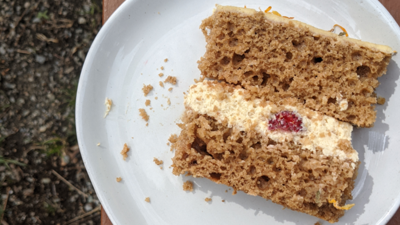 honey almond einkorn cake with berries and chamomile