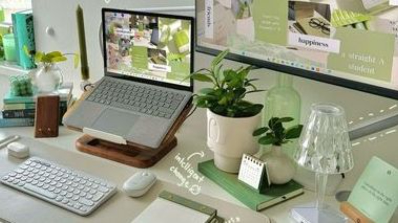 desk with laptop and extra screen with wireless mouse and laptop ready to start working