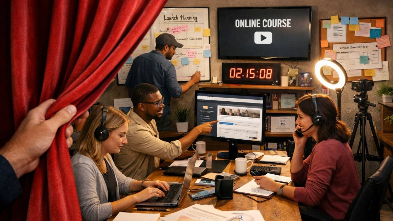 A behind-the-scenes view of a virtual assistant team collaborating on an online course launch, with computers, planning boards, and a curtain being pulled back to reveal their work.